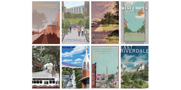 Various illustrated poster covers of Riverdale, Lyttonsville and University of Maryland.