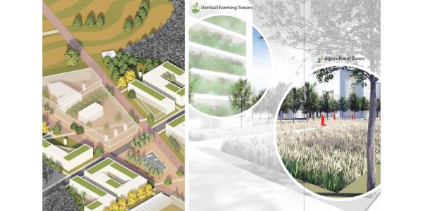 Renderings of agricultural fields and zones, and vertical farming towers.