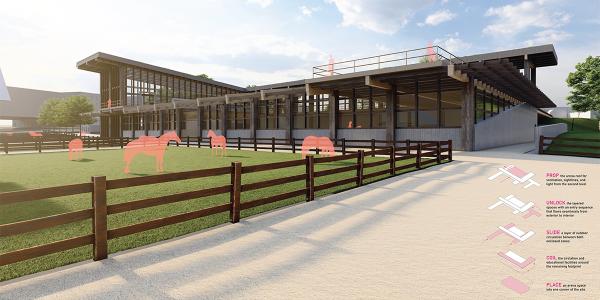 Rendering of the pavillion design and red silhouettes of horses