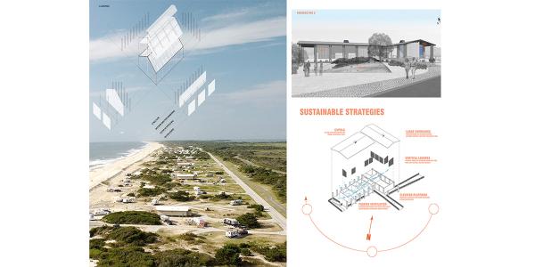 Picture of Assateague on the left with structure and cladding designs overlayed. Right: perspective rendering of building and below a design of sustainable strategies.