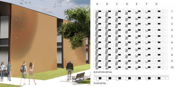 Avian Facade rendering on left and elevation detail diagram on right