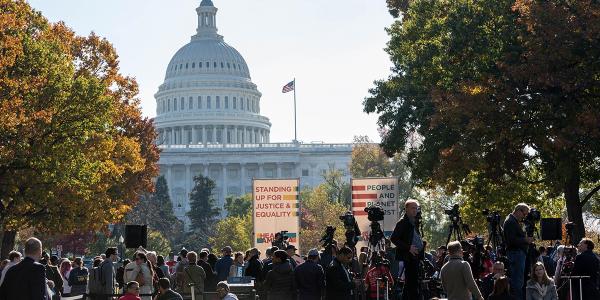 Social Justice March in Washington DC and Capitol building in background