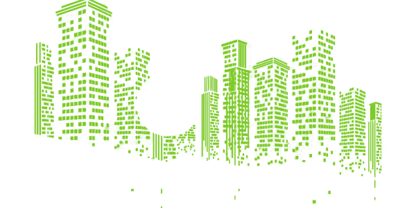 Abstract green city skyscrapers made of small squares.