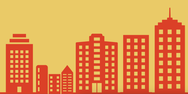 Red skyscraper graphic with a yellow background