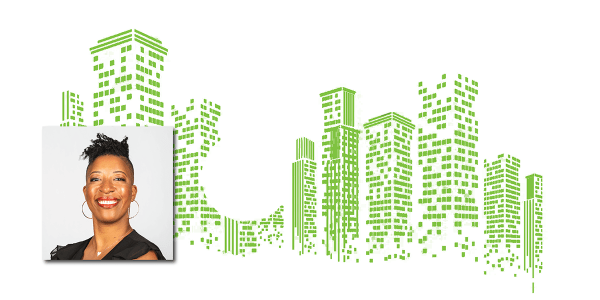 Abstract Green Buildings and Leah Goodridge headshot