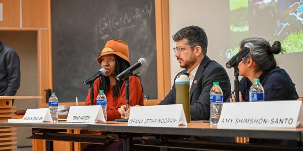 A woman in a hat and two other panelists talking