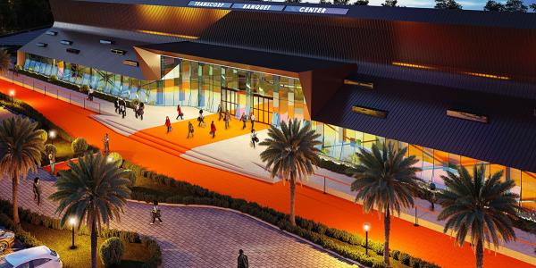 Transcorp Banquet Center with large stained glass windows and an orange walkway