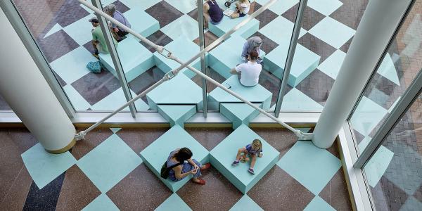 Blue cube design in a space