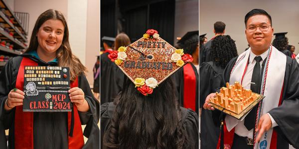 Students showing their graduation caps with glitter, 3D buildings and colalges