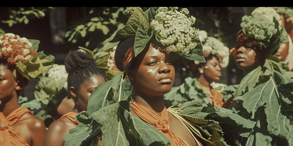 African American women wearing burnt orange dresses and garmented with large green leaves 