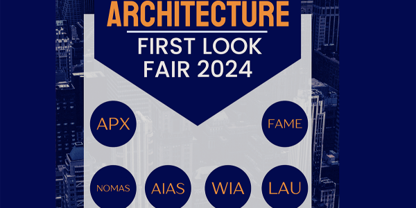Architecture first look fair 2024, blue background and acronym names of organizations