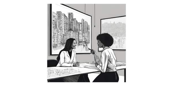 Black and white AI illustration of two people talking and a large skyscraper drawing in a frame