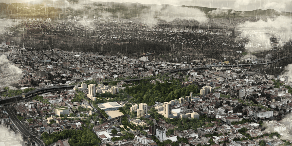 Dense urban landscape with rain falling down