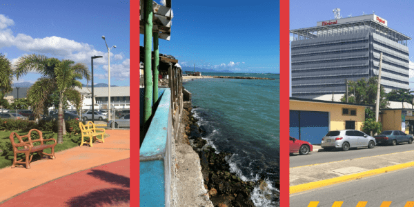 Collage of a park, ocean and building in Jamaica