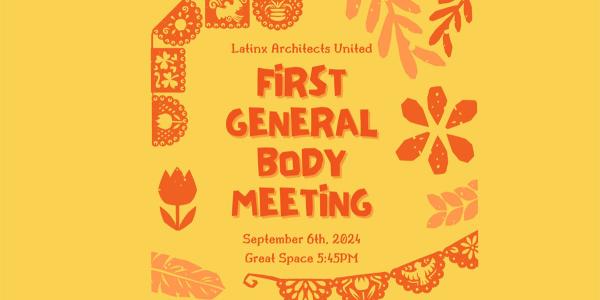 Yellow background and red flower graphics for First General Body Meeting