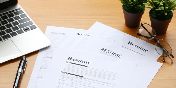 Resumes on a desk with a fake plant and laptop.