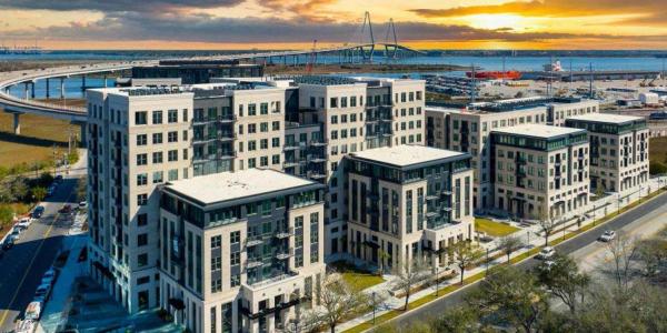 Morrison Yard Housing Development in the sunset.
