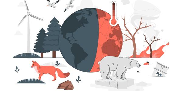 Illustration of planet earth, a fox, polar bear, seagulls and wind turbine.