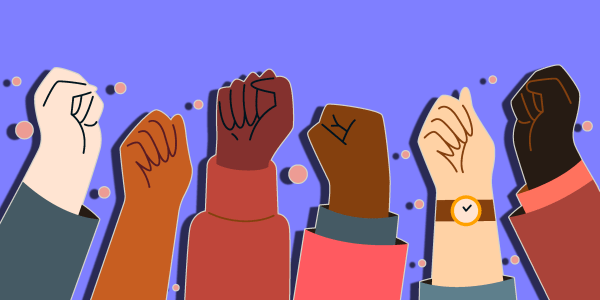 Illustration of people holding their fists in the air, showing diverse races. 