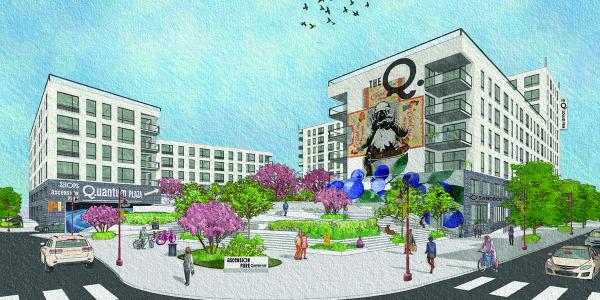 The Q Development with colorful trees in between the buildings and paintings on the facade.