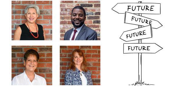 Board of visitor headshots and illustration of signs that point to different directions of "Future"