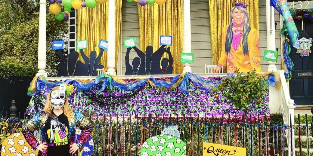 Laura Steeg in front of a Mardi Gras house float, New Orleans.