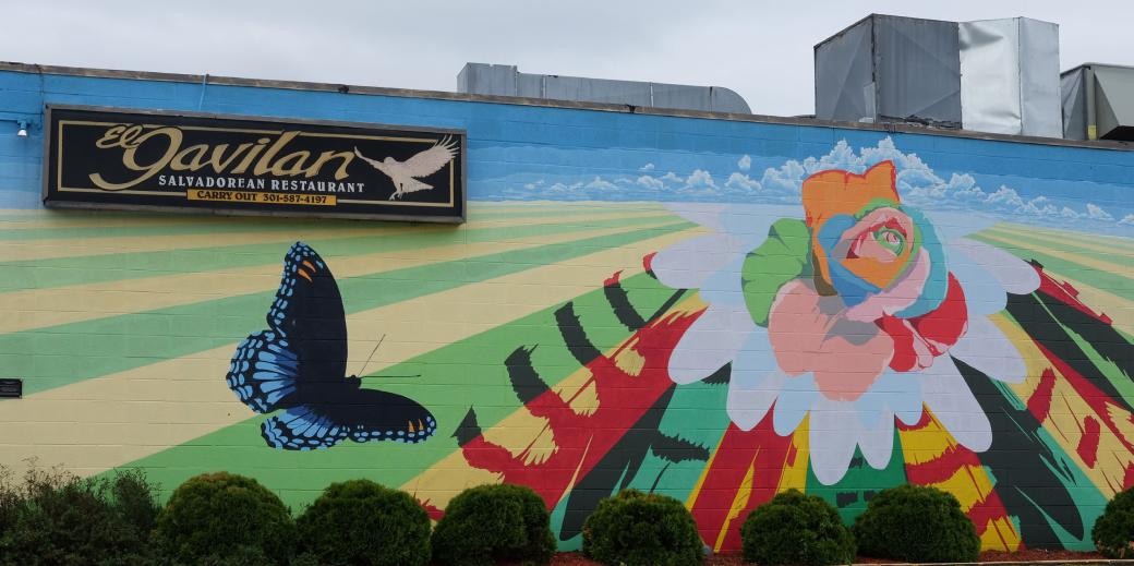 Flower and butterfly wall painting on the side of a building. Credit: A Long Life for Long Branch