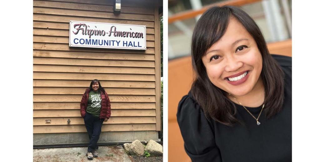 Michelle Magalong in front of a Filipino-American Community Hall and her headshot