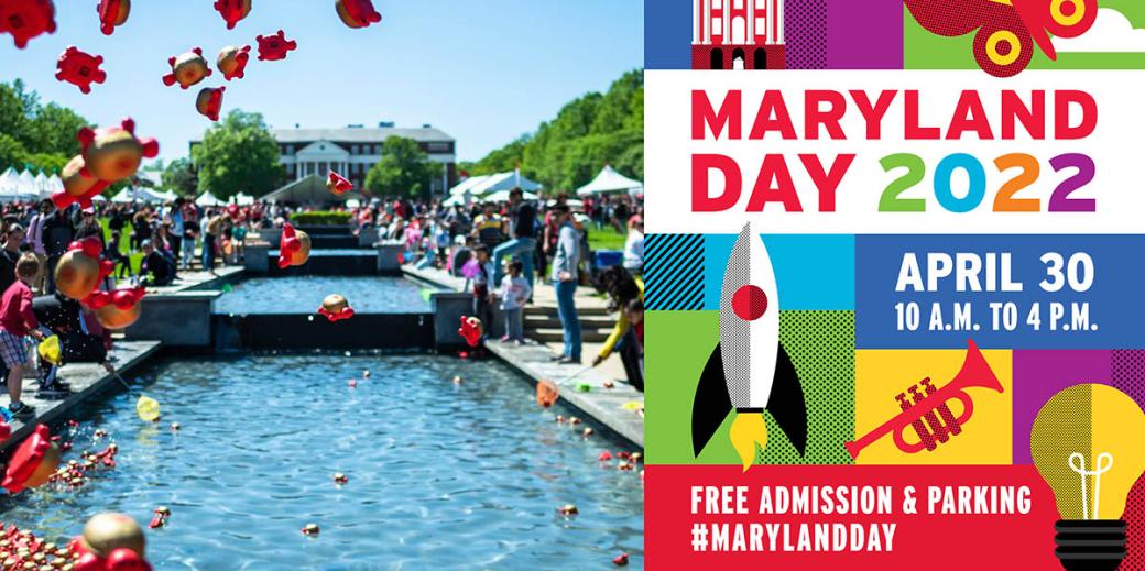 Maryland Day 2022 on McKeldin Mall with blow up turtles in the air.
