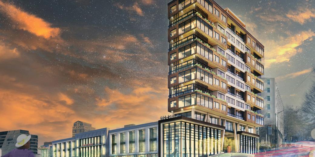 Rendering of stack alley building in sunset night sky