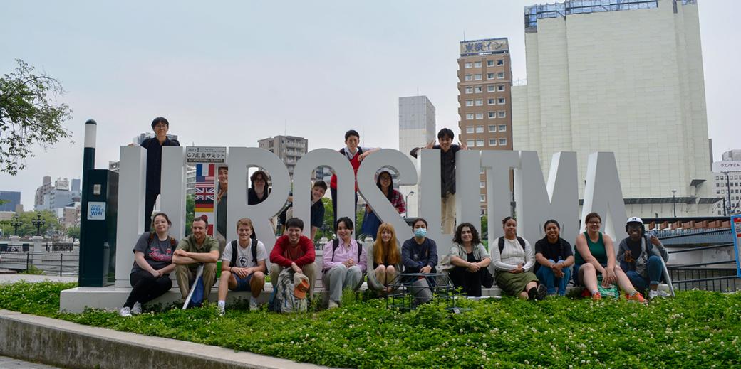 Students in front of Hiroshima sign on Japan Education Abroad trip