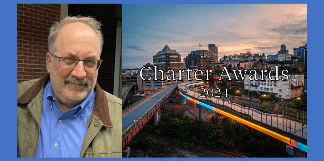 Matt Bell Headshot and a cityscape for Charter Awards 2023