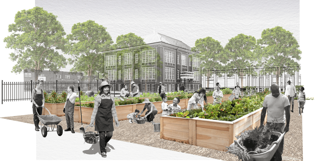Rendering of people in black and white working on crops, the background is food gardens in green color