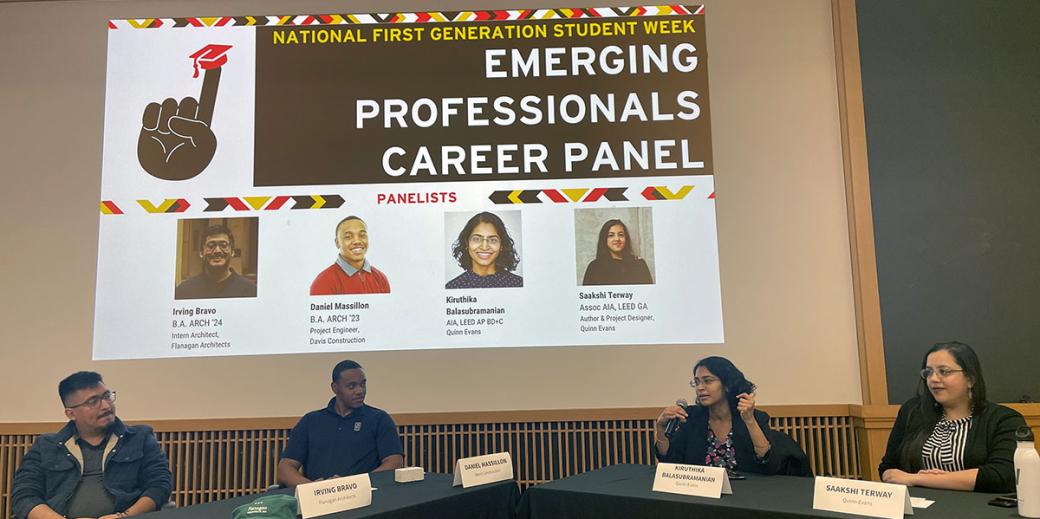 Panelists sitting in front of a presentation for Emerging Professions Career Panel