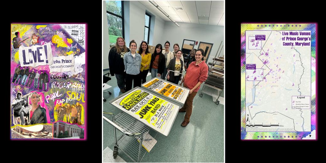 Group shot of students in front of a screen print and magazine designs.