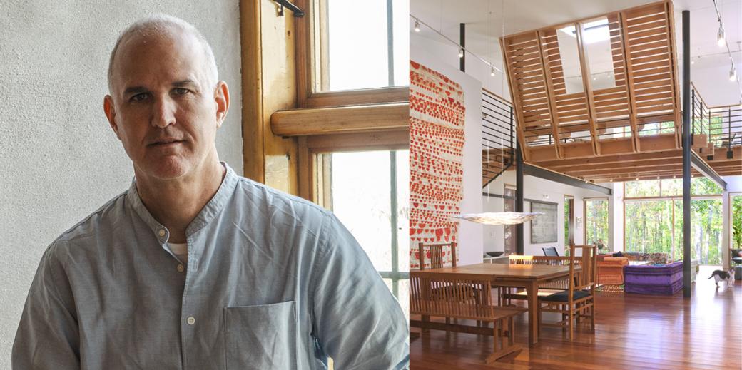 Peter Noonan and a view inside a house with wooden "basket" structures.
