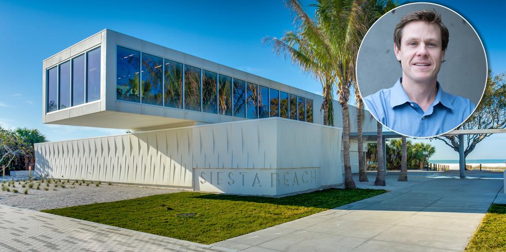 Architecture building on a pavilion with a pop-up of a headshot of the Architect, John Bryant. 