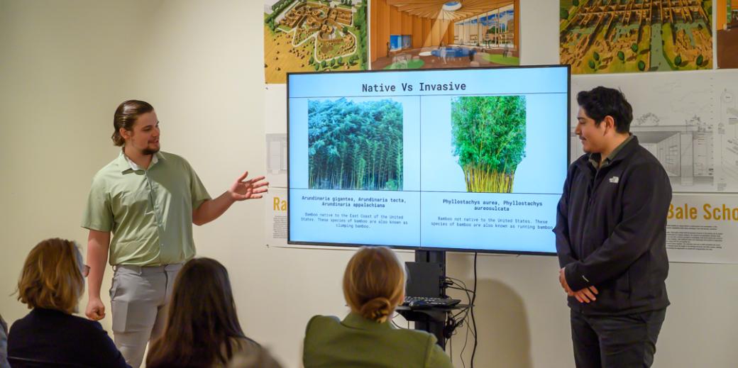 Students presenting their architecture project on sustainably harvesting and repurposing bamboo.
