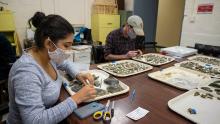 Students sorting through glass and ceramic pieces