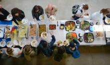 Community lunch, aerial view of buffet table