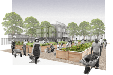 Rendering of people in black and white working on crops, the background is food gardens in green color
