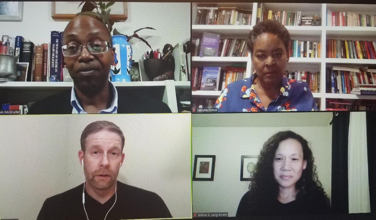ZOOM screenshot of panelists, clockwise: Dr. Kevin McGruder, Dr. Sabiyha Prince, Dr. Willow Lung-Amam and Dr. Derek Hyra