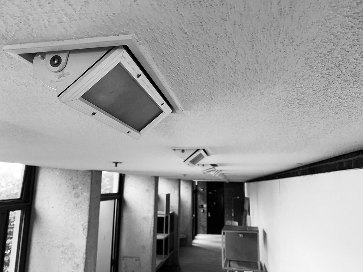 Black and white photo of the Linear Gallery's ceiling lights.