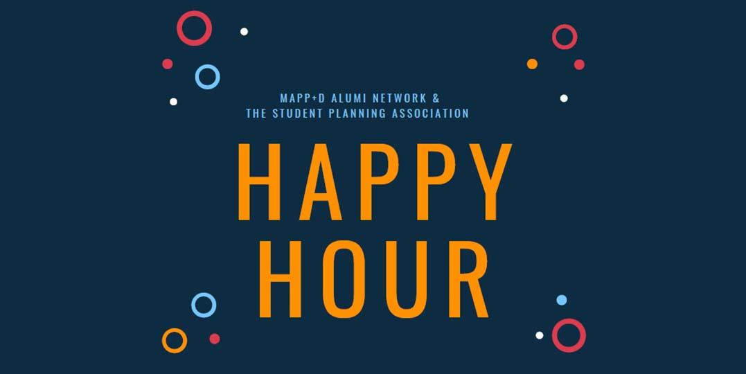 HAPPY HOUR: Dark blue background with colorful bubble rings graphic