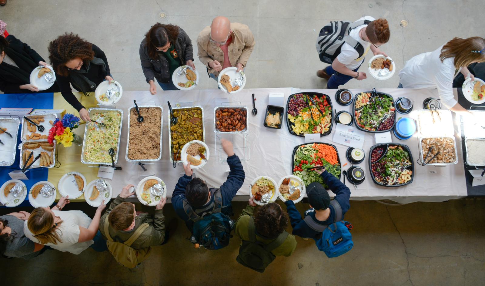 Community lunch, aerial view of buffet table