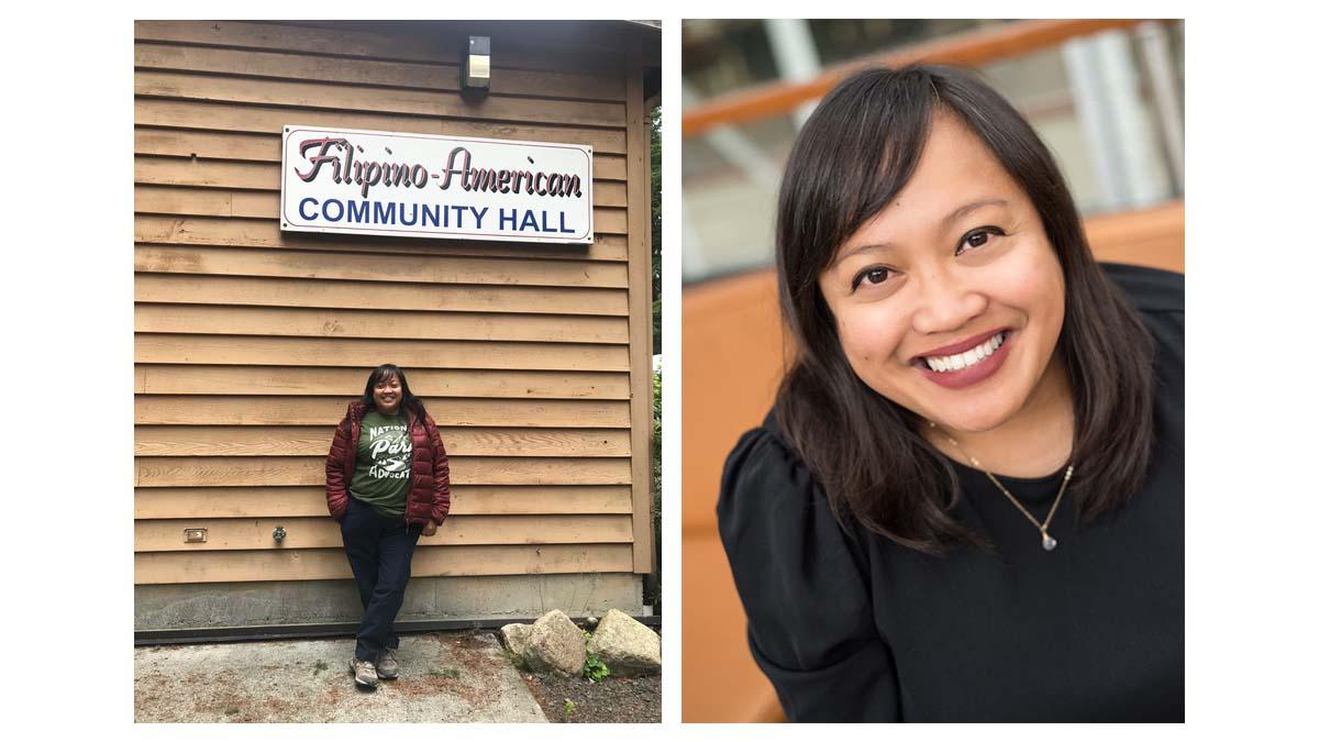 Michelle Magalong in front of a Filipino-American Community Hall and her headshot
