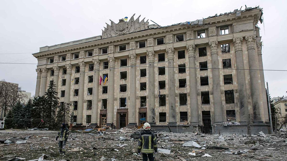 Freedom Square in ruines in Kharkiv, Ukraine