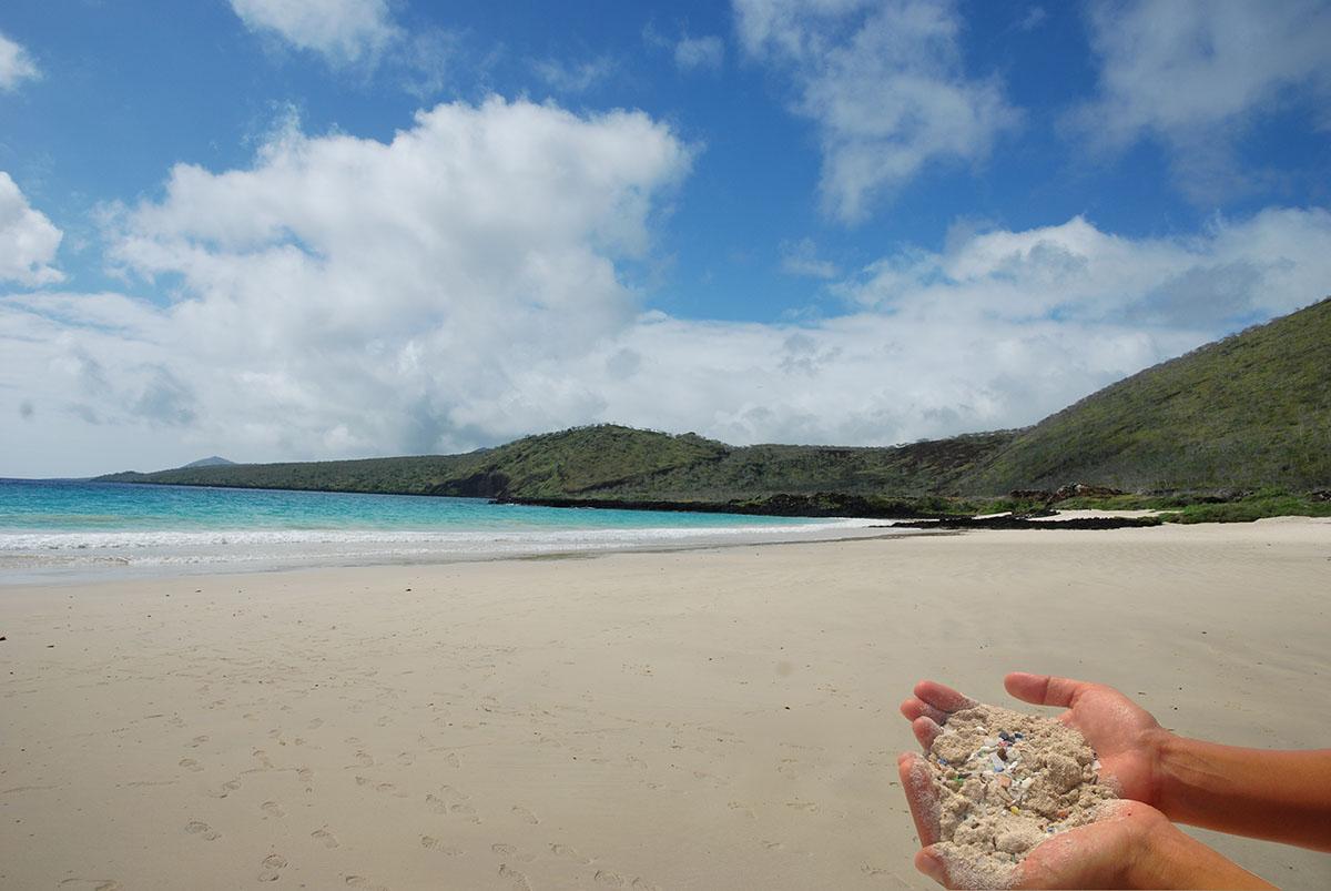 A sandy beach, ocean view and sand in hands