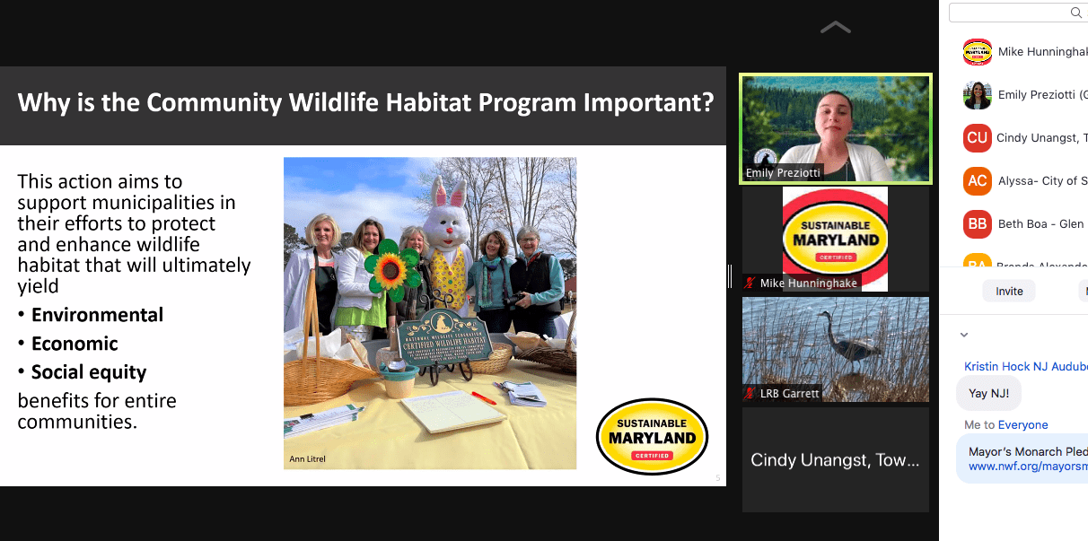 Screenshot from a Community Wildlife Habitat webinar, a new Sustainable Maryland Action in 2022