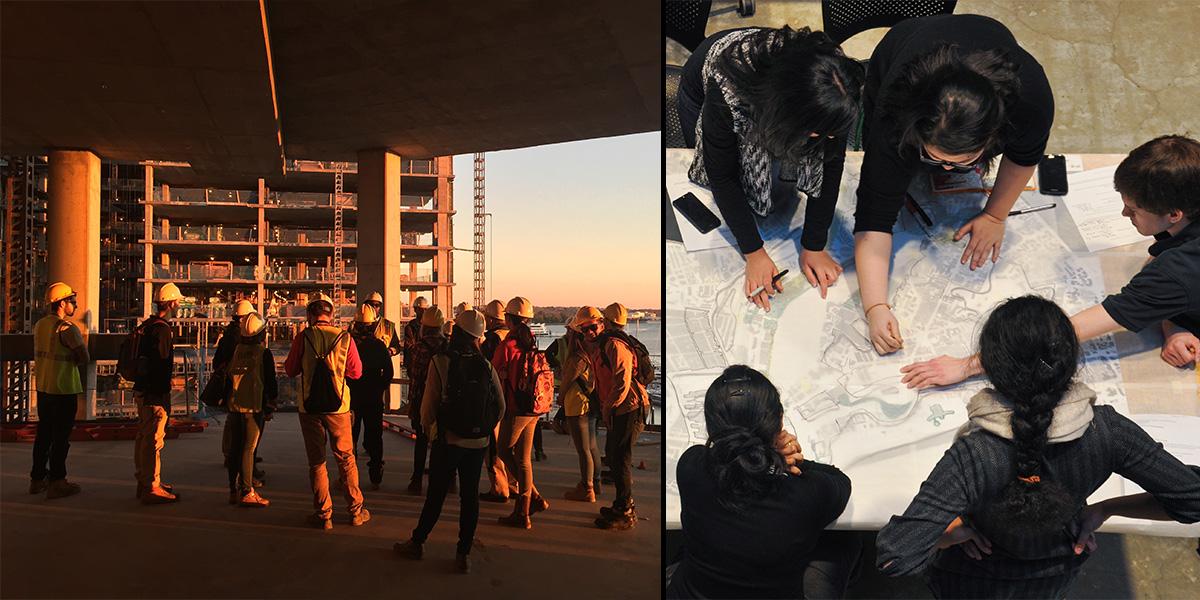 Collage of students at a construction site and students working on design plan (top view).
